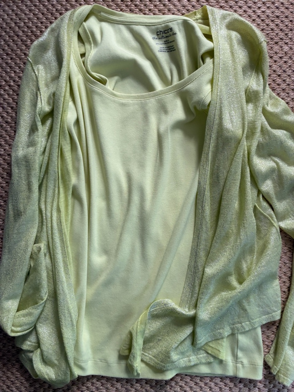 Chico's Pale Lime Layered Shell and Sparkle Cardigan Set